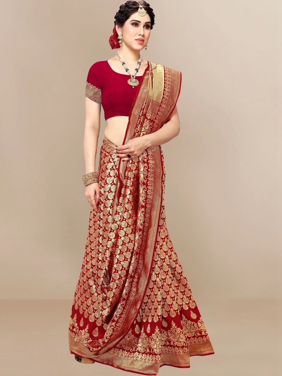 Sangria Woven Design Zari Silk Blend Designer Banarasi Saree thumbnail 2