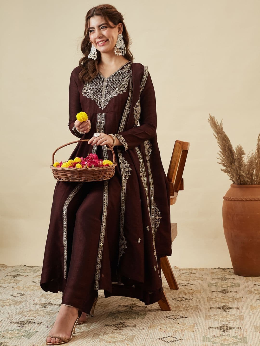 Colors  of Earth Colors of Earth Silk Embroidered Anarkali Kurta And Palazzo Set With Dupatta thumbnail 6