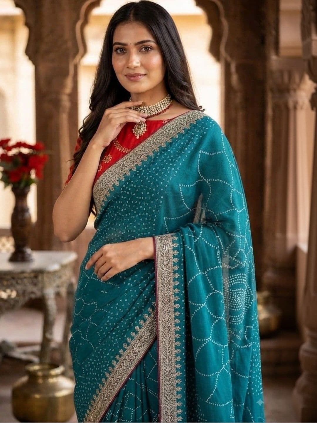 SmileyFashion Bandhani Embroidered Art Silk Designer Saree thumbnail 4