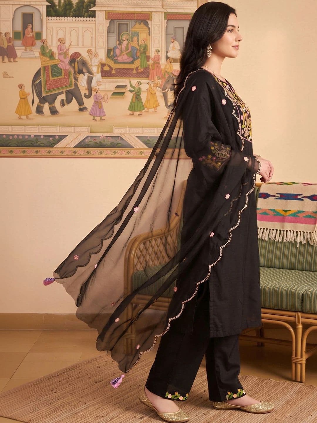 Indo Era Women Floral Embroidered Regular Thread Work Liva Kurta with Trousers & With Dupatta thumbnail 6