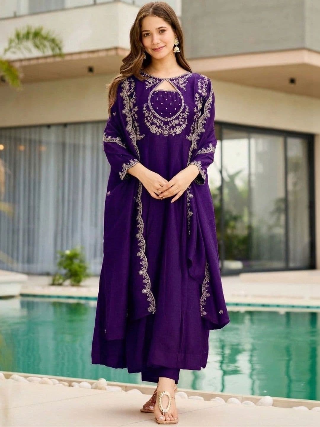 Sangria Women Ethnic Motifs Embroidered Empire Thread Work Kurta with Trousers & With Dupatta thumbnail 5