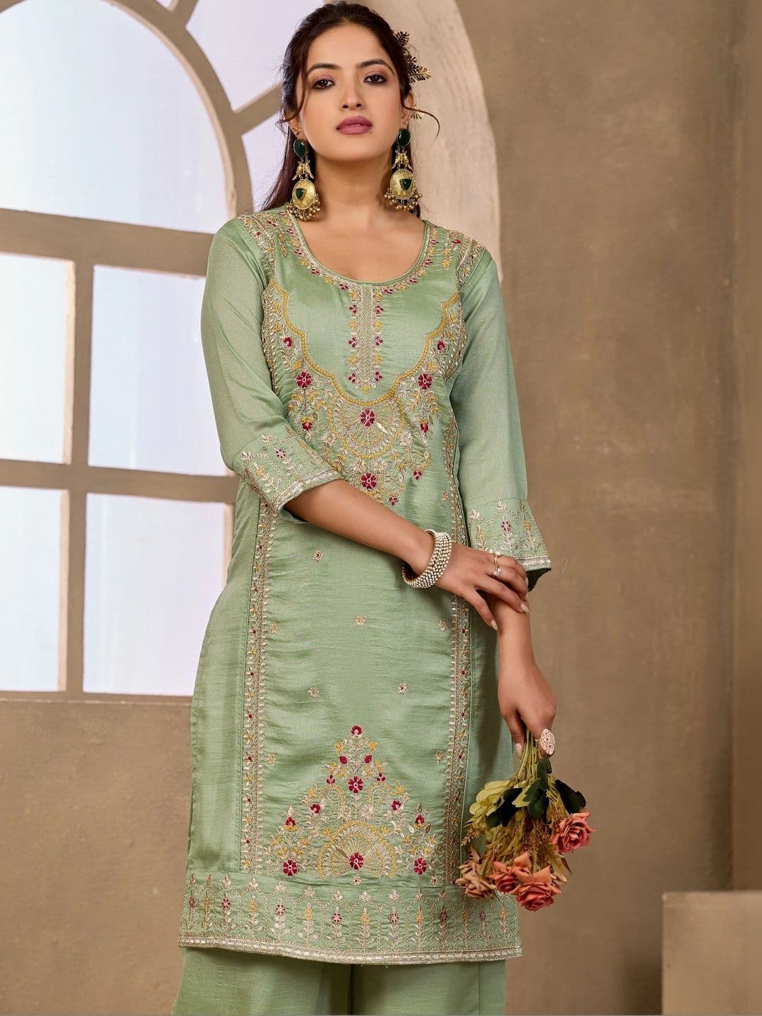 Sangria Embroidered Tunic with Palazzos thumbnail 7