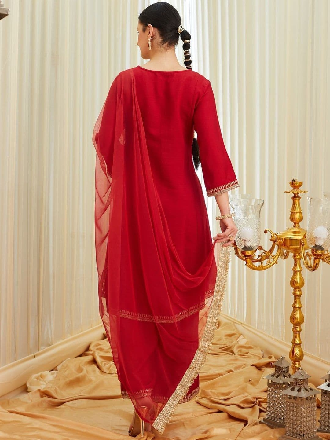 Colors  of Earth Colors of Earth Silk Embroidered Anarkali Kurta And Palazzo Set With Dupatta thumbnail 6