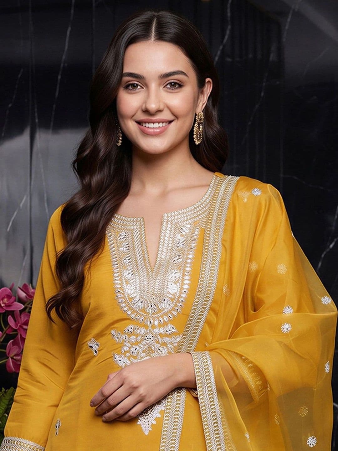 Indo Era Women Ethnic Motifs Embroidered Regular Thread Work Kurta with Trousers & With Dupatta thumbnail 4