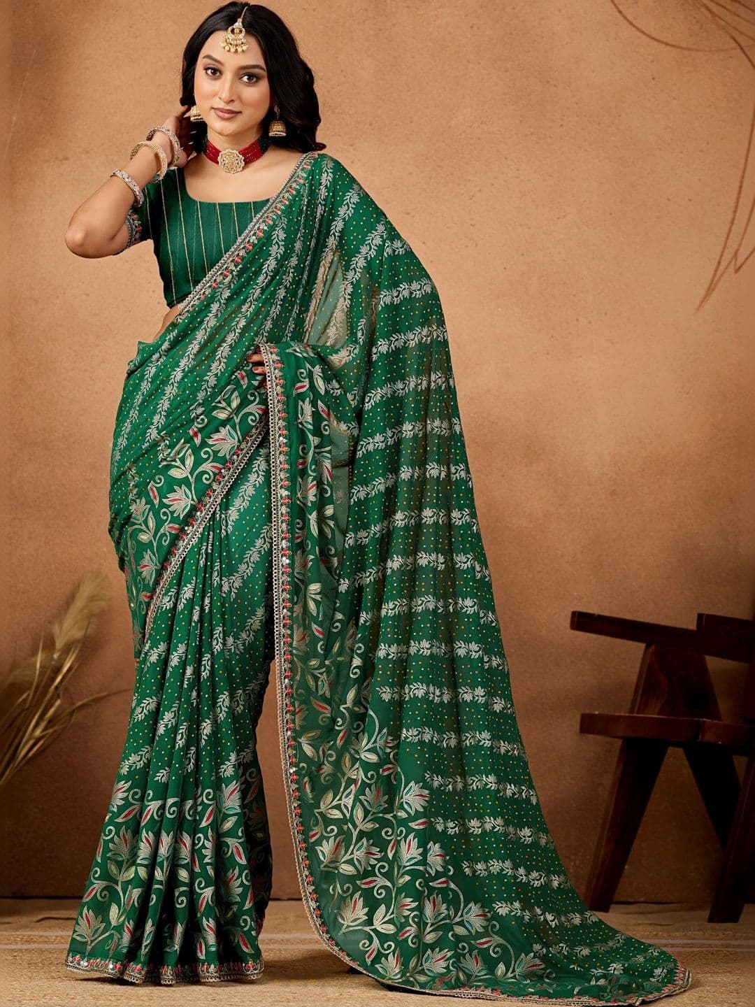 Mitera Floral Embroidered Poly Georgette Designer Bandhani Saree - view 1