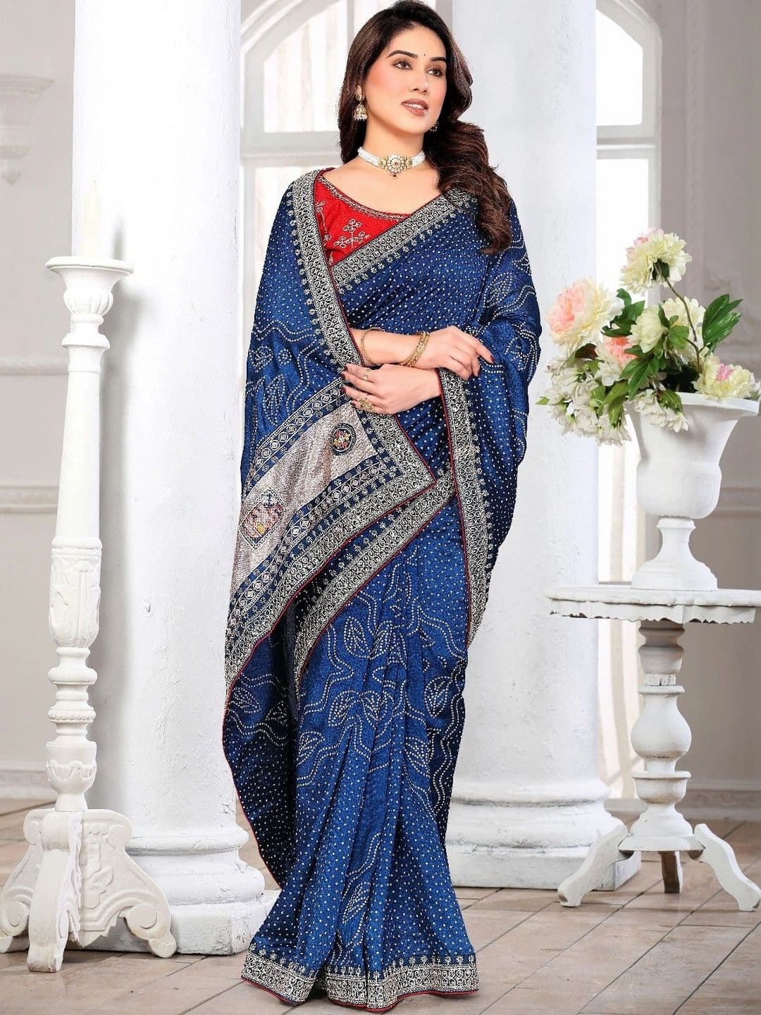 SmileyFashion Bandhani Embroidered Art Silk Designer Saree thumbnail 5