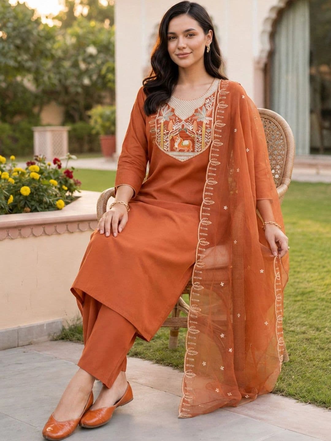 Indo Era Women Ethnic Motifs Embroidered Regular Thread Work Kurta with Trousers & With Dupatta thumbnail 4