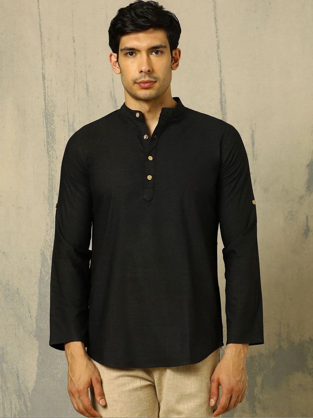 Anouk Woven Design Solid Cotton Handloom Mandarin Collar Short Kurta - view 1