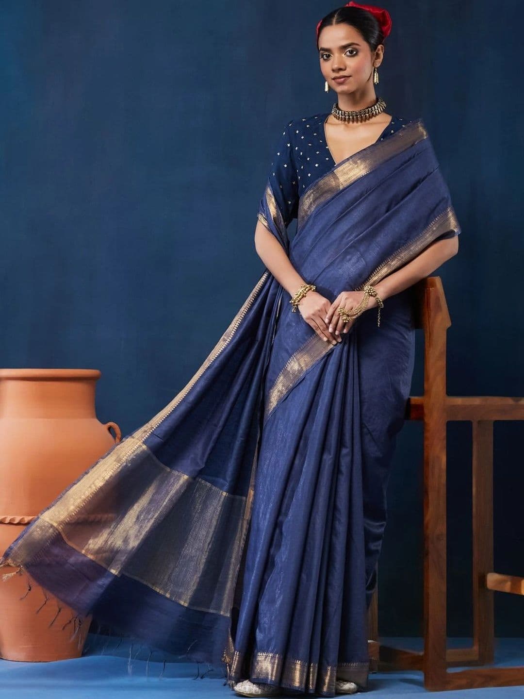 Taavi Woven Cotton Blend Zari Border Saree - view 1