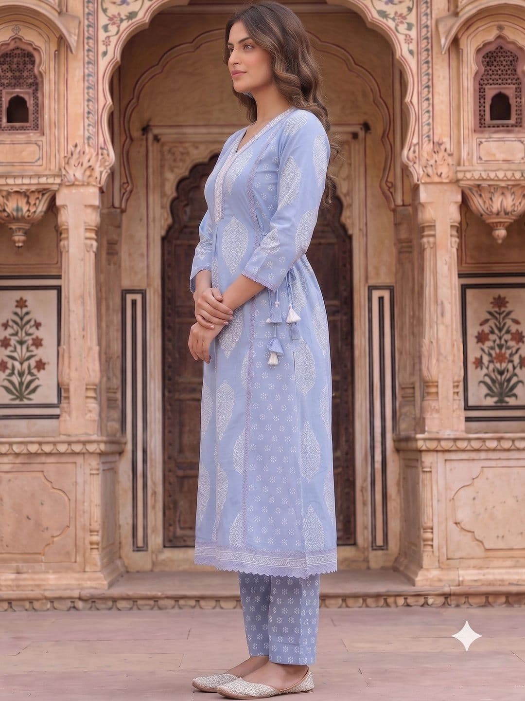 KALINI Women Ethnic Motifs Printed Angrakha Sequinned Pure Cotton Kurta with Trousers & With Dupatta thumbnail 2