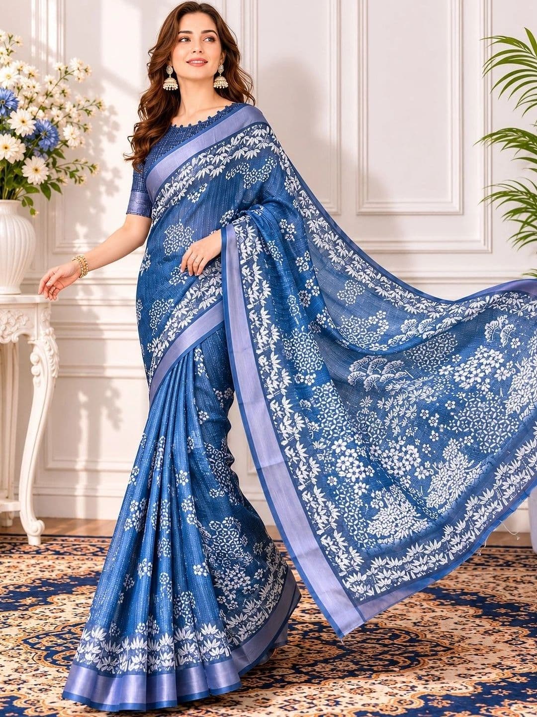 V3 FASHION STUDIO Floral Zari Linen Blend Block Print Saree thumbnail 2