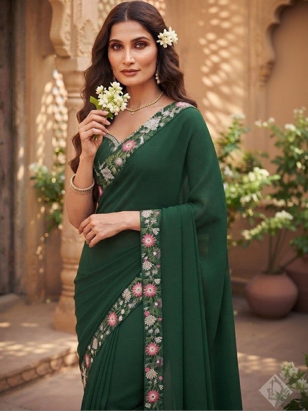 SmileyFashion Floral Embroidered Art Silk Saree thumbnail 4