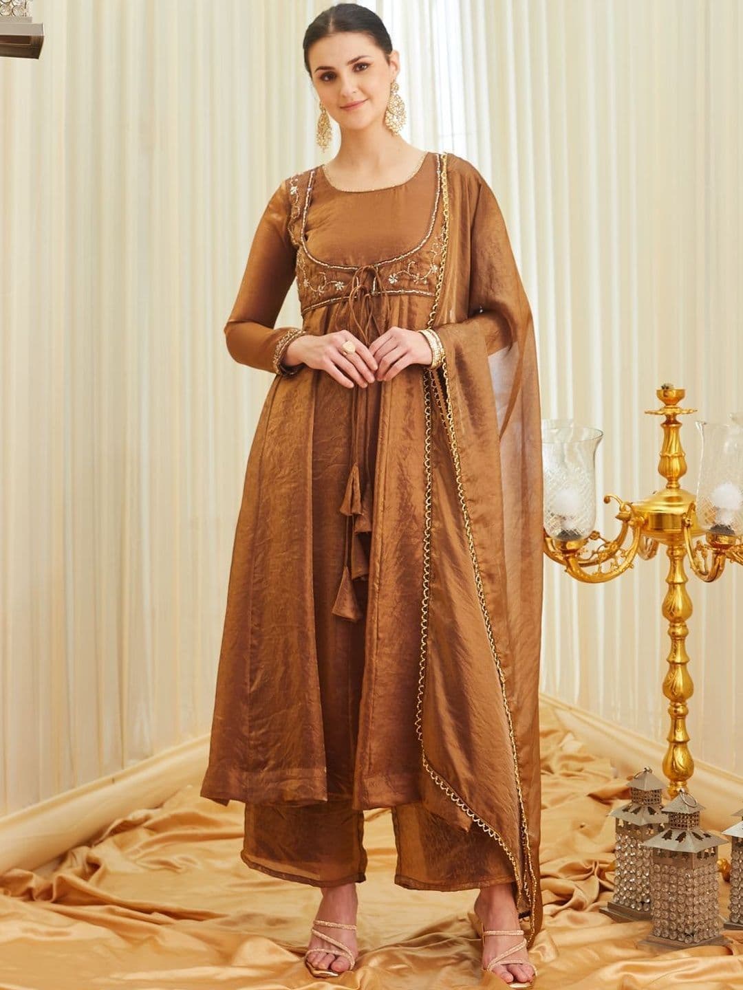 Colors  of Earth Colors of Earth Silk Embroidered Beadswork Anarkali Kurta Palazzo Set With Dupatta - view 1