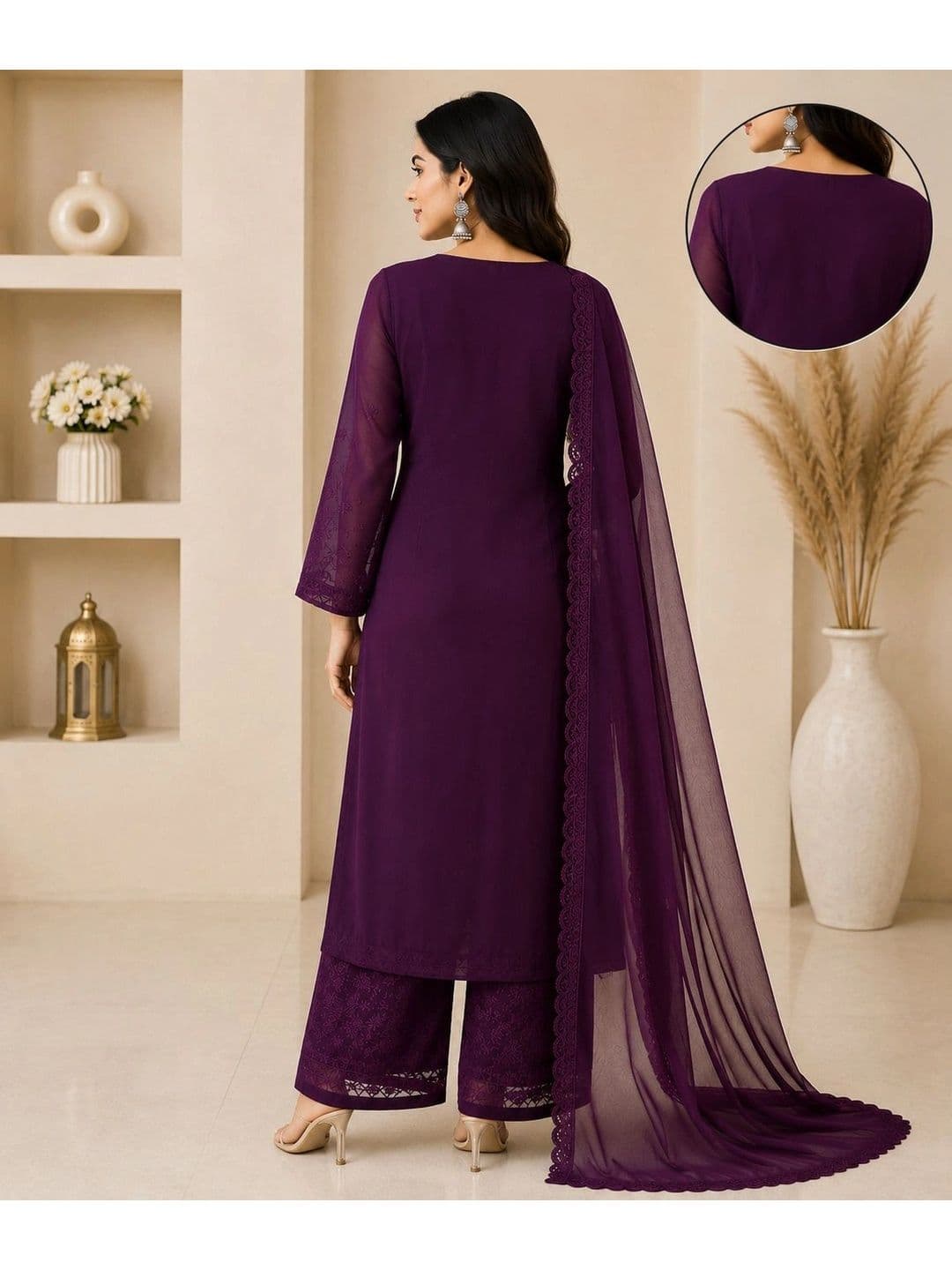 Meghrika Ethnics Women Ethnic Motifs Embroidered Regular Thread Work Kurta with Palazzos & With Dupatta thumbnail 4