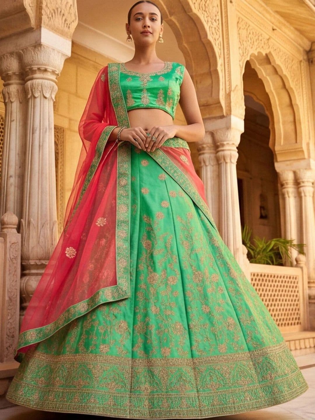Mitera Embroidered Semi-Stitched Lehenga & Unstitched Blouse With Dupatta thumbnail 3