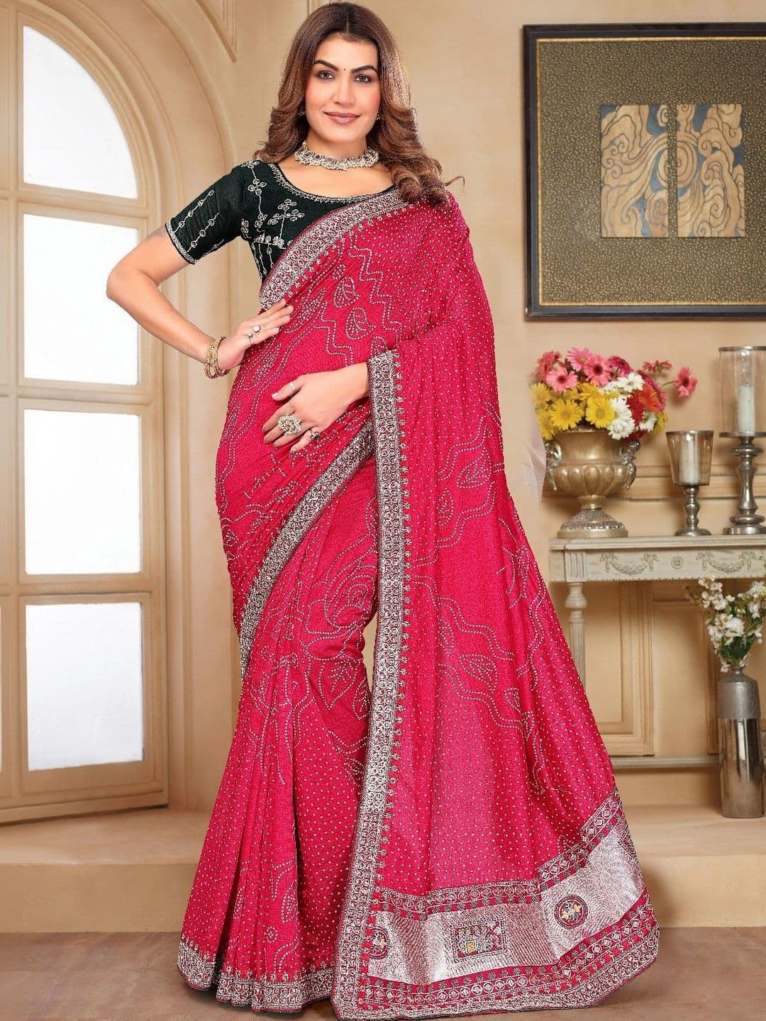 SmileyFashion Bandhani Embroidered Art Silk Designer Saree thumbnail 3