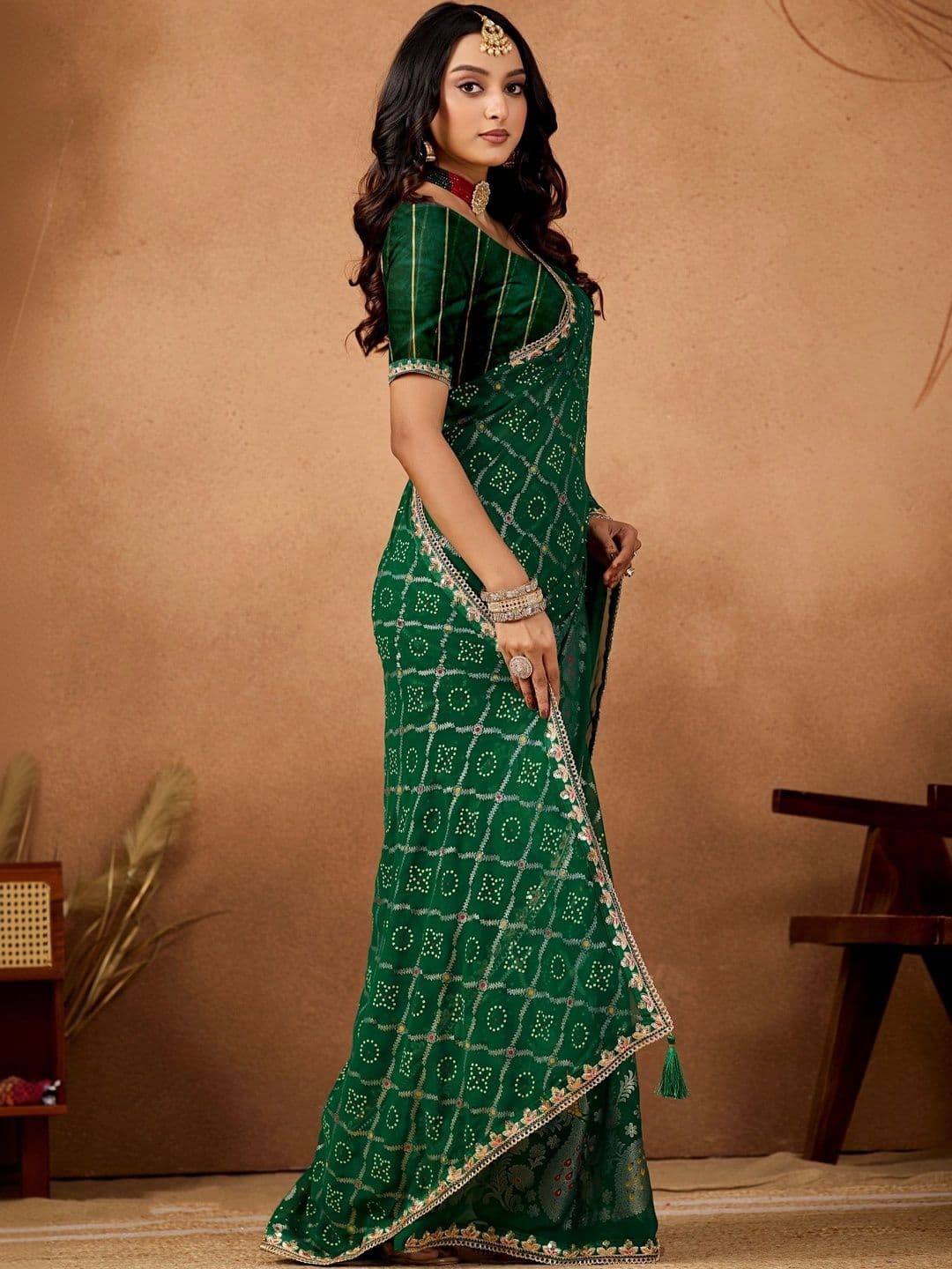 KALINI Bandhani Gotta Patti Poly Georgette Designer Bandhani Saree thumbnail 3