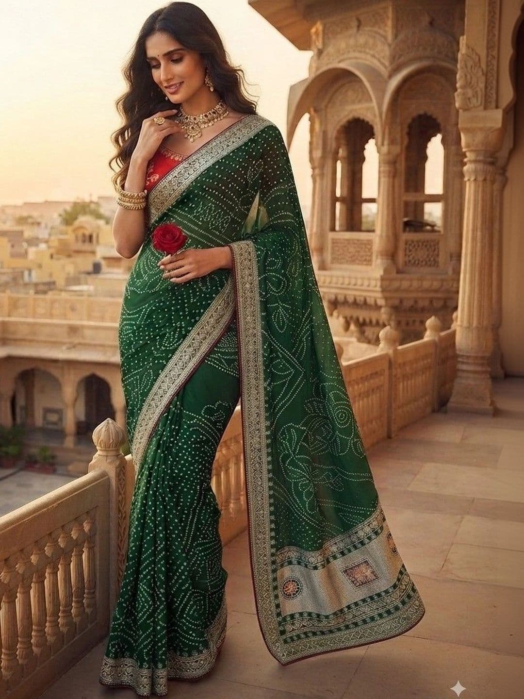 SmileyFashion Bandhani Zari Art Silk Designer Saree thumbnail 3