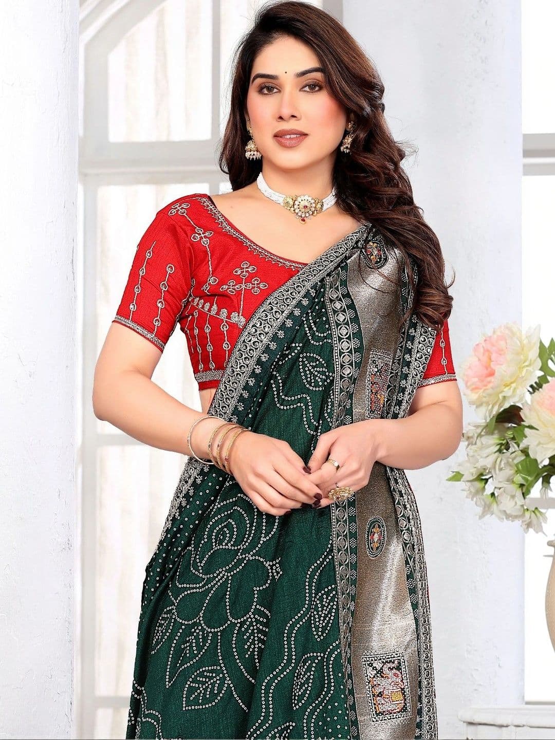SmileyFashion Bandhani Embroidered Art Silk Designer Saree thumbnail 2