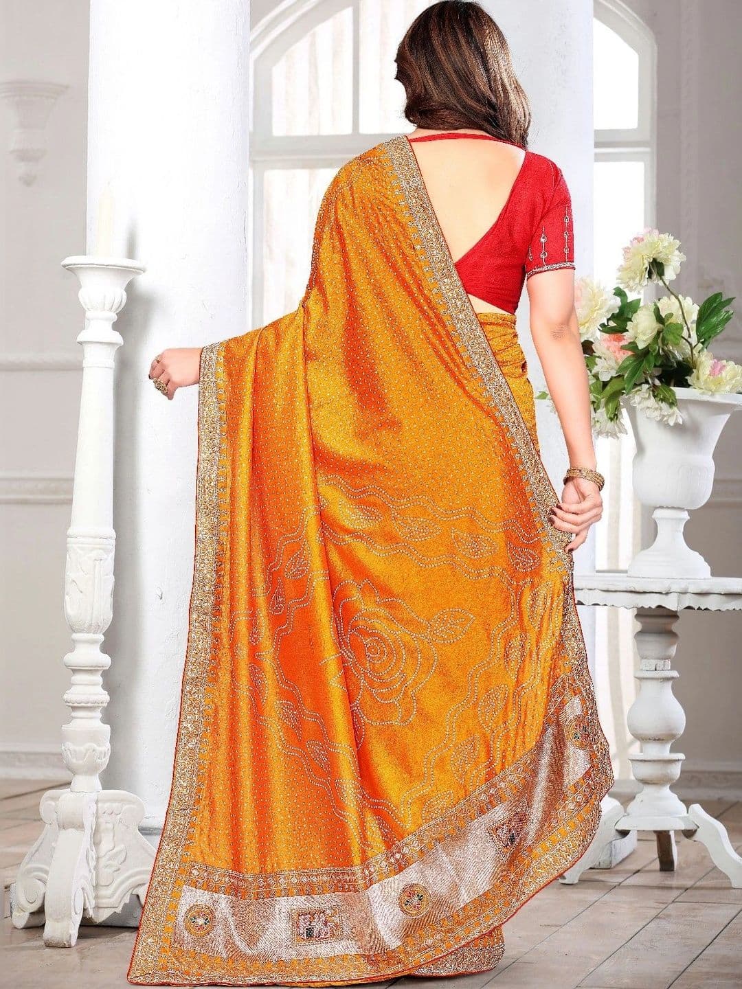 SmileyFashion Bandhani Embroidered Art Silk Designer Saree thumbnail 2