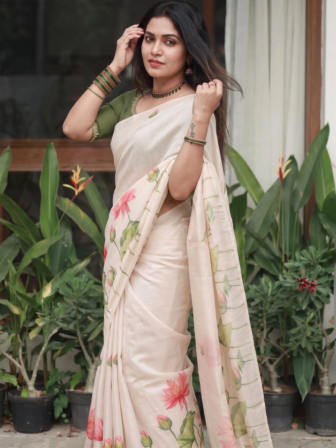 IndianRang Floral Linen Blend Fusion Saree thumbnail 3