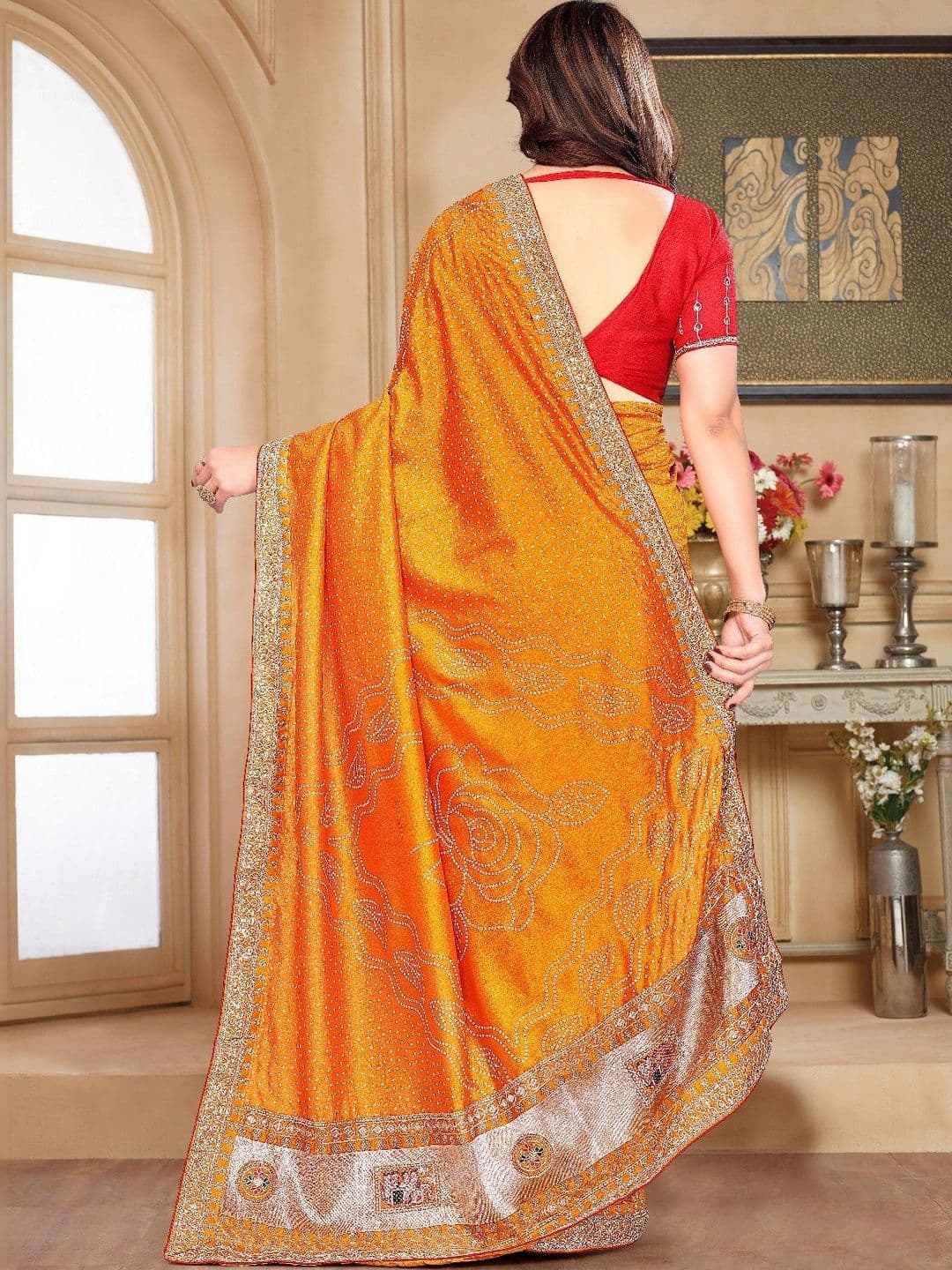 SmileyFashion Bandhani Embroidered Art Silk Designer Saree thumbnail 4