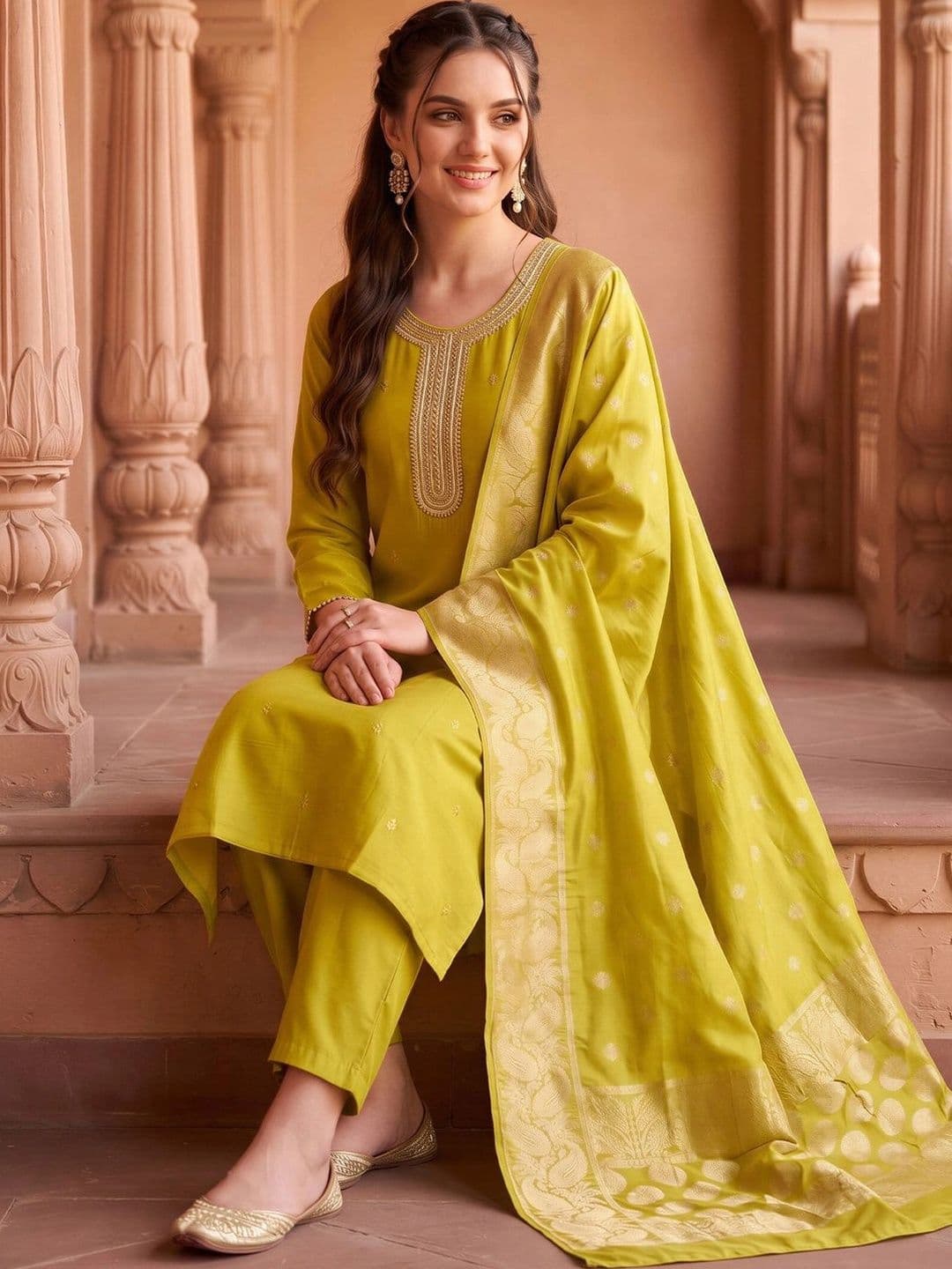 Indo Era Women Ethnic Motifs Embroidered Regular Thread Work Kurta with Trousers & With Dupatta thumbnail 4