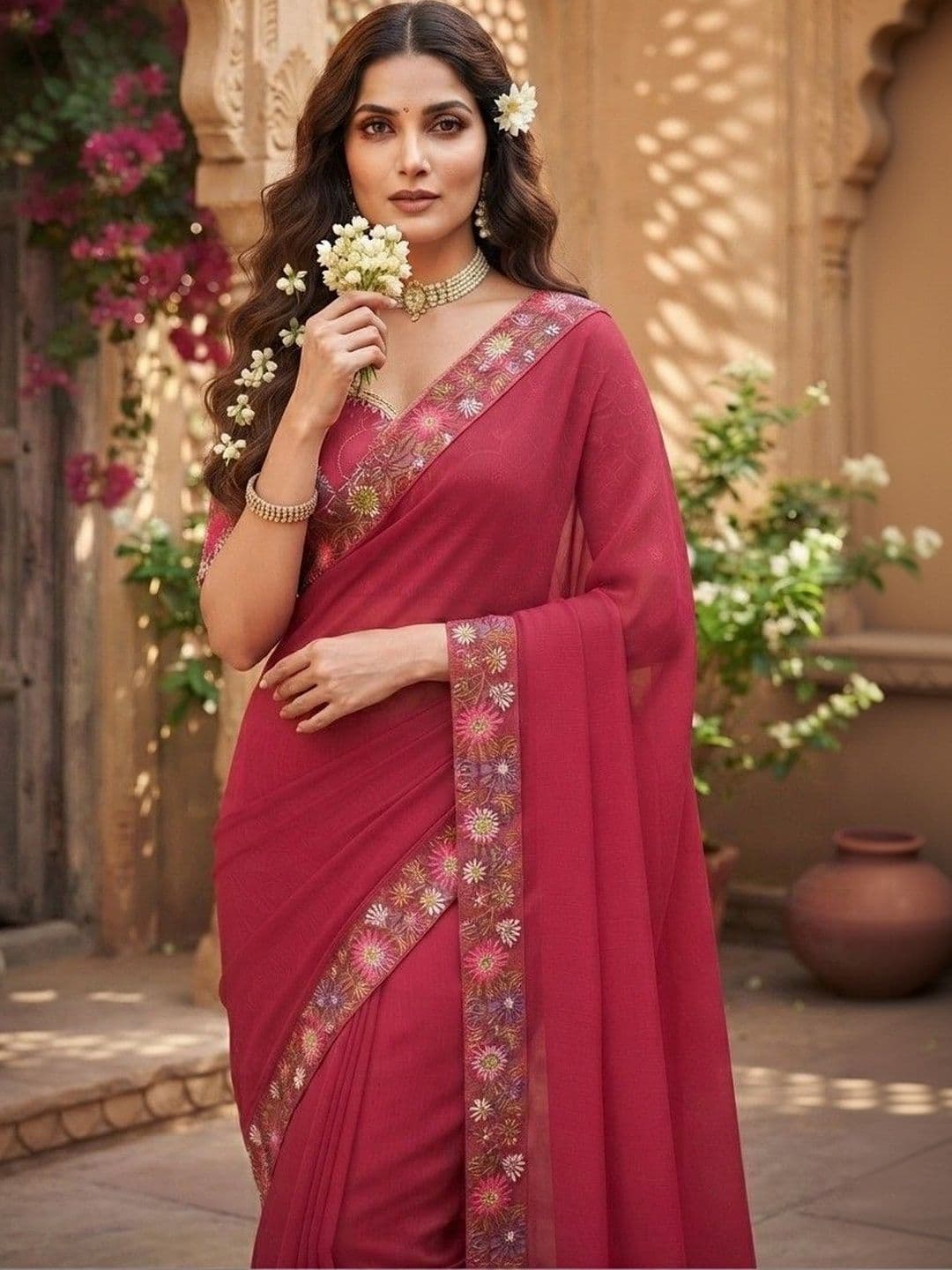 SmileyFashion Floral Art Silk Saree thumbnail 2