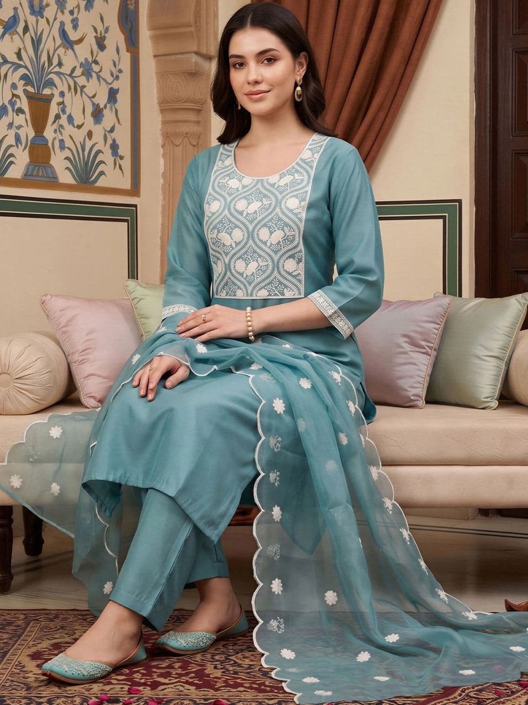 Indo Era Women Ethnic Motifs Embroidered Regular Thread Work Kurta with Trousers & With Dupatta thumbnail 4