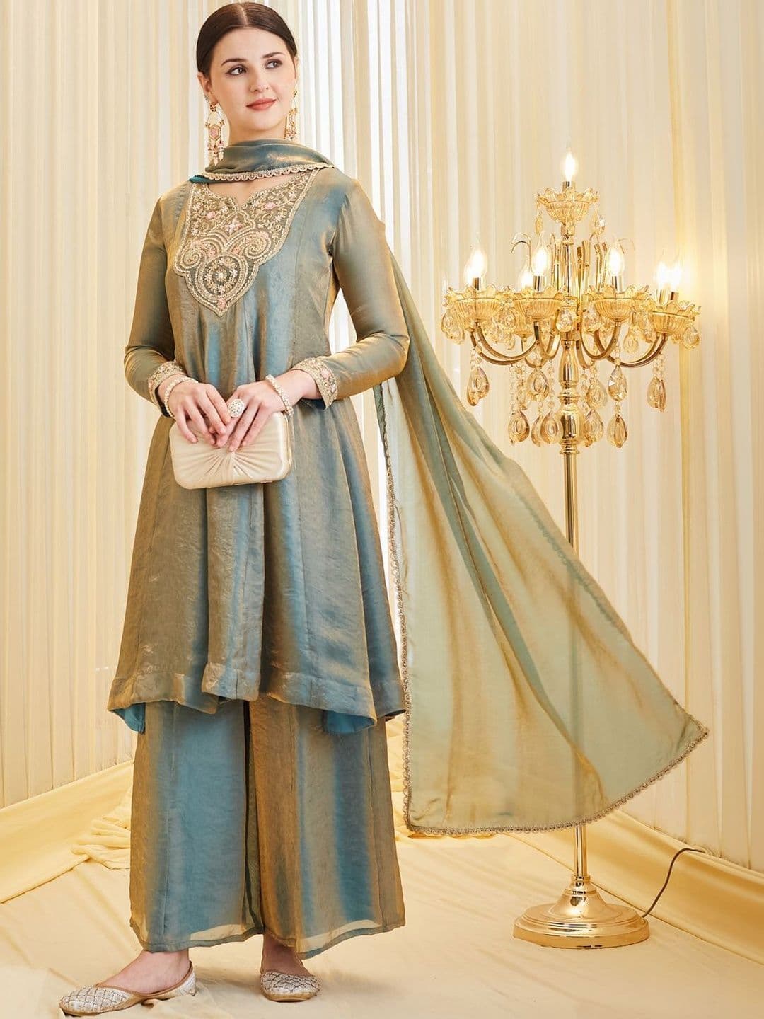 MOKOSH Women Silk Embroidered Anarkali Kurta and Sharara with Dupatta Set - view 1
