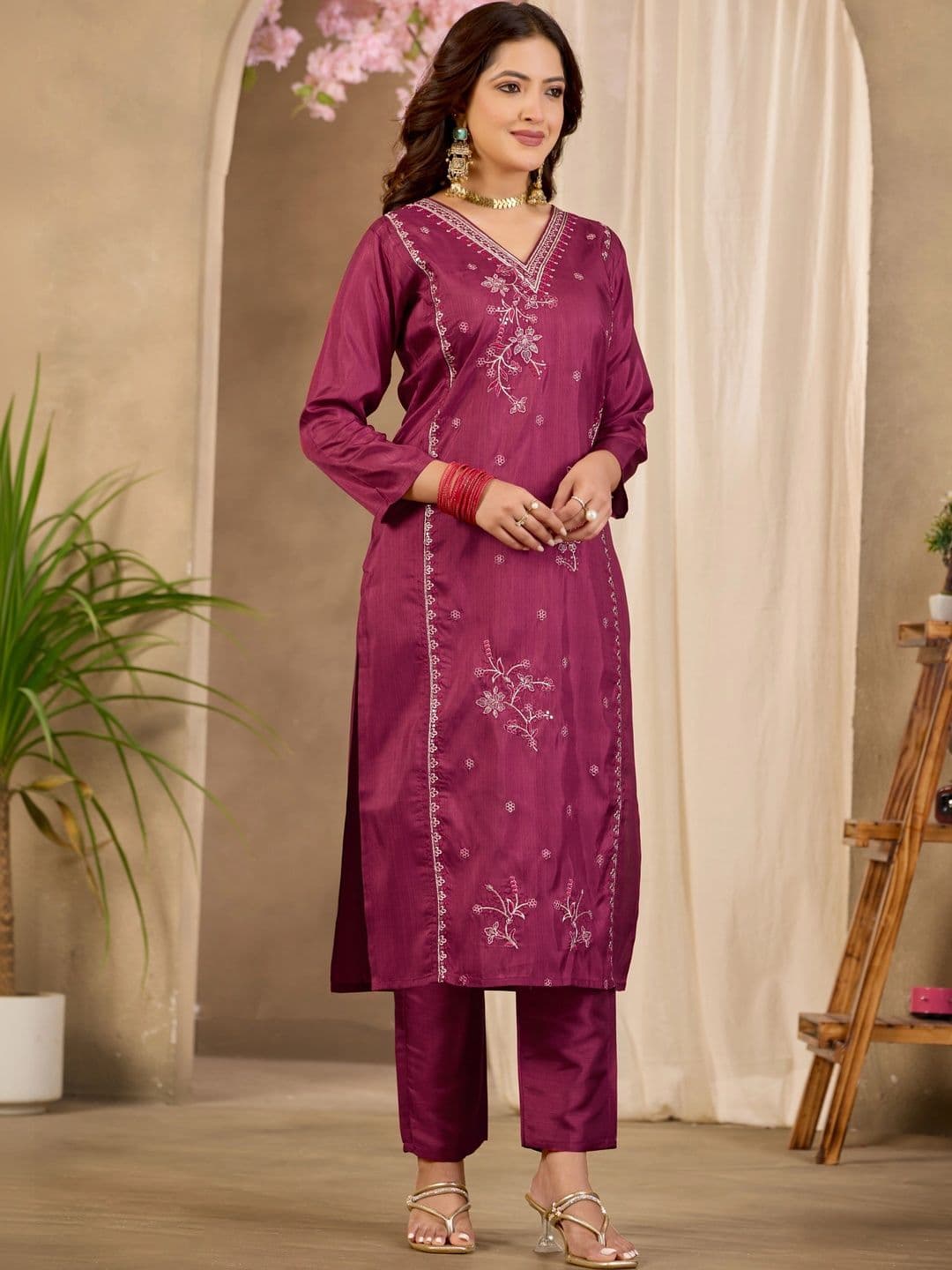Sangria Floral Embroidered Tunic with Trousers thumbnail 7