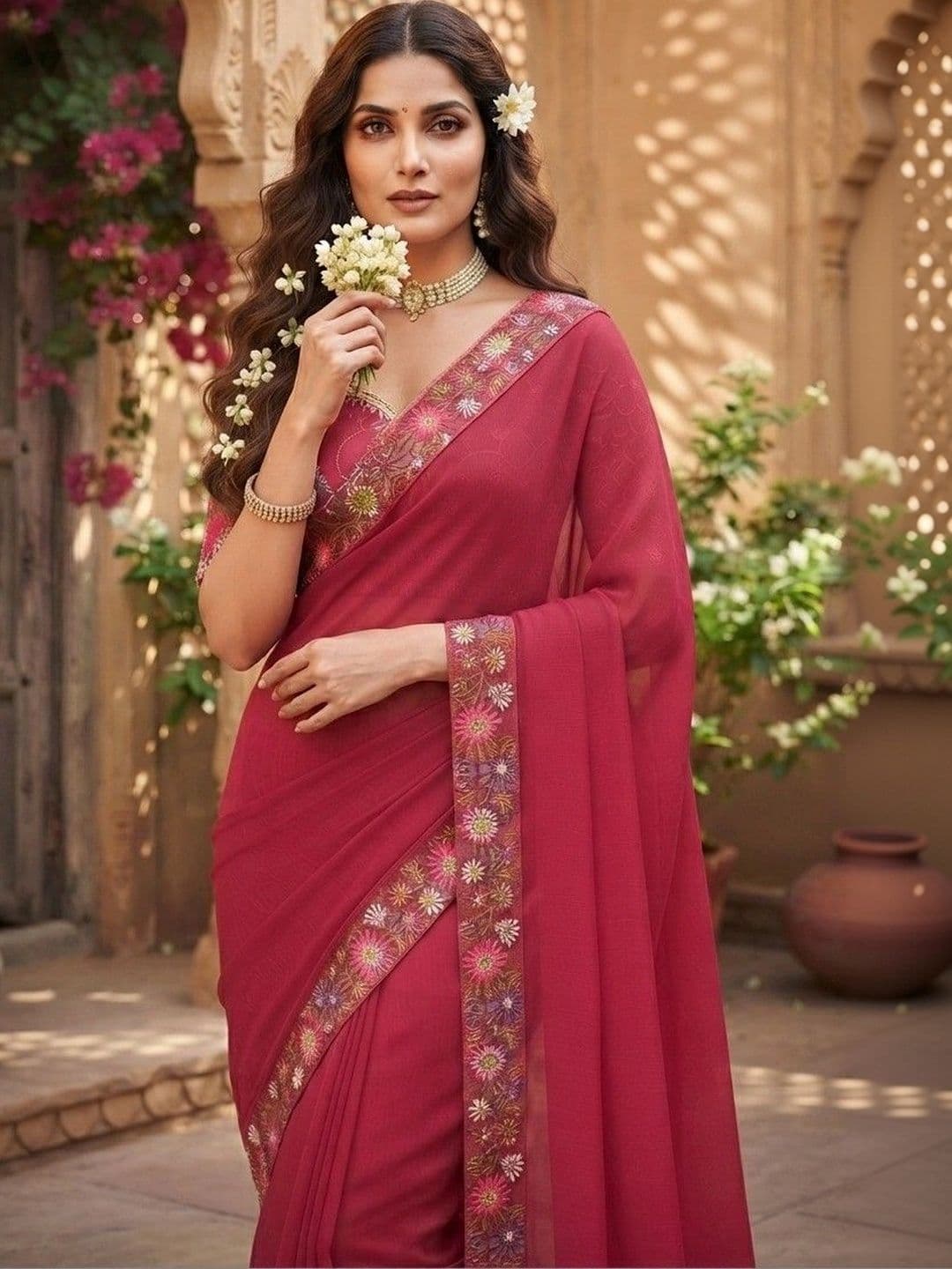 SmileyFashion Floral Embroidered Art Silk Saree thumbnail 4