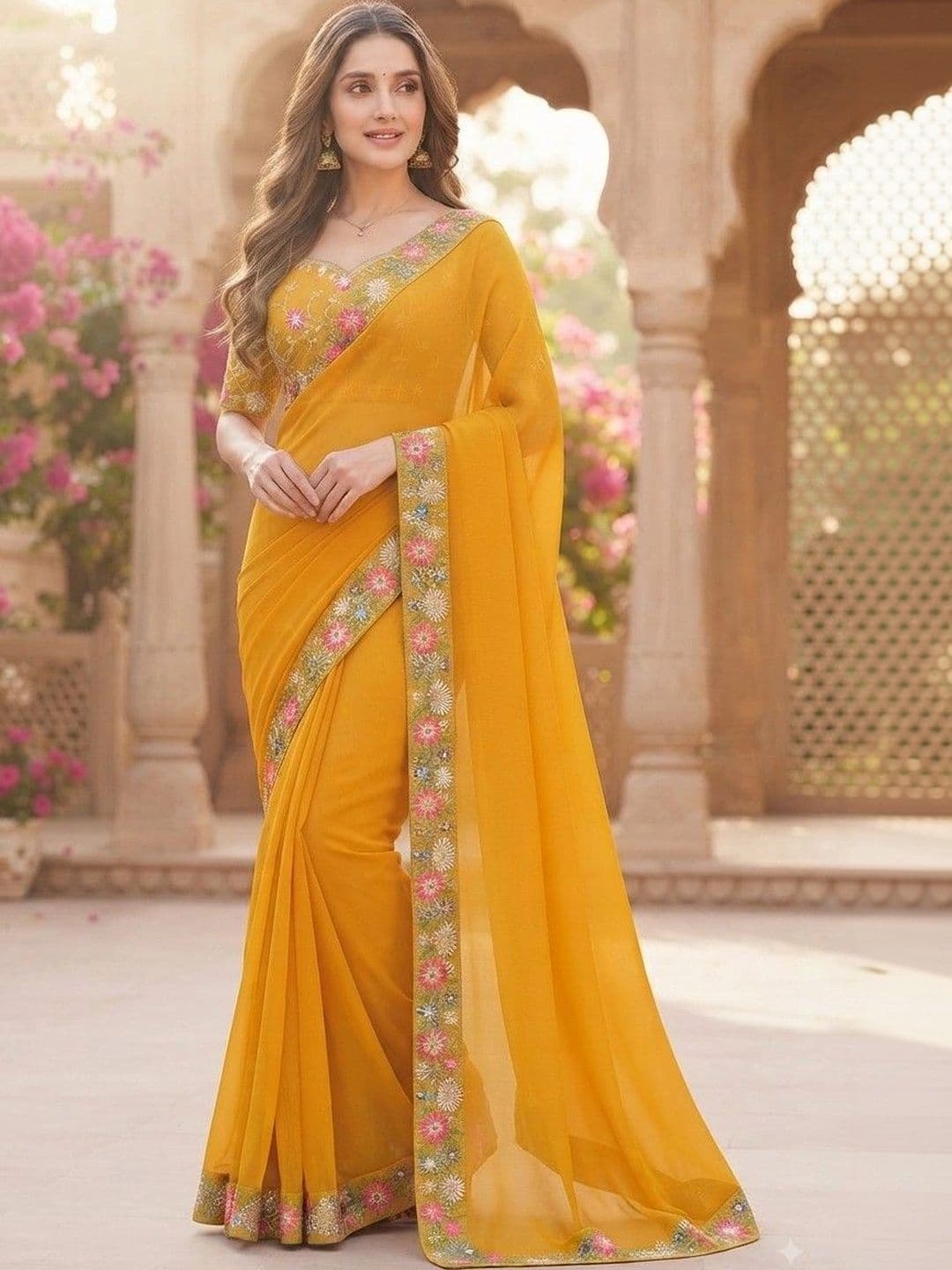 SmileyFashion Floral Embroidered Art Silk Saree - view 1