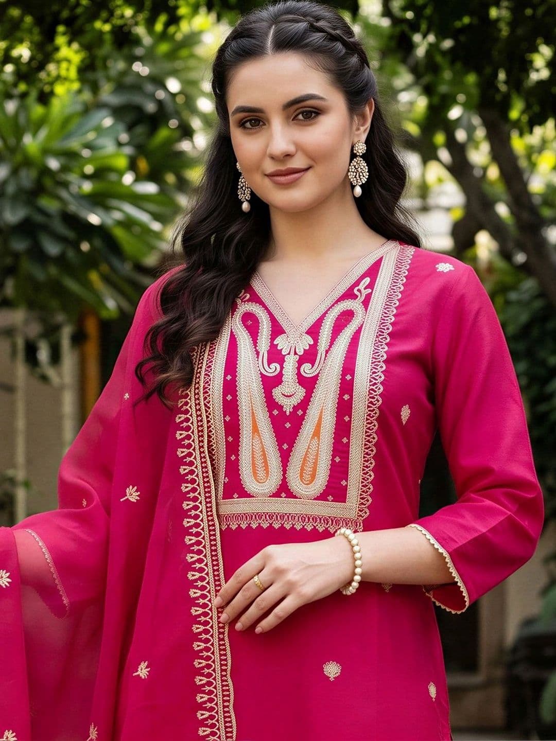 Indo Era Women Ethnic Motifs Embroidered Regular Thread Work Liva Kurta with Trousers & With Dupatta thumbnail 4