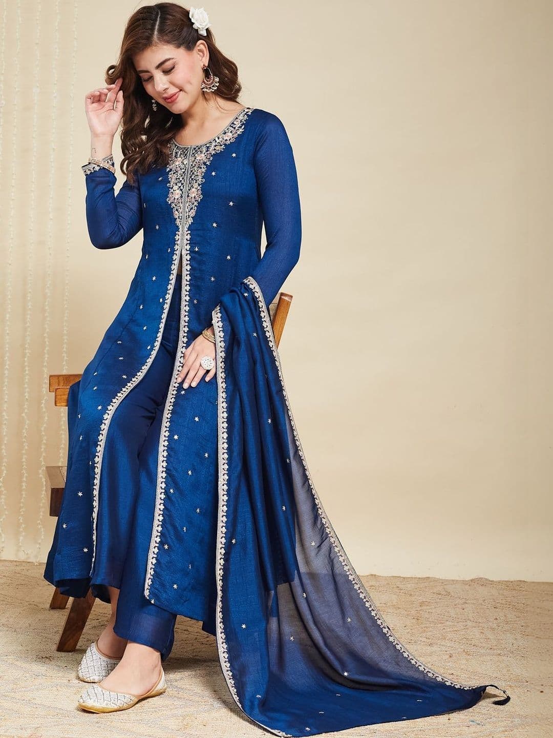 MOKOSH Women Silk Embroidered Anarkali Kurta and Pant with Dupatta Set - view 1