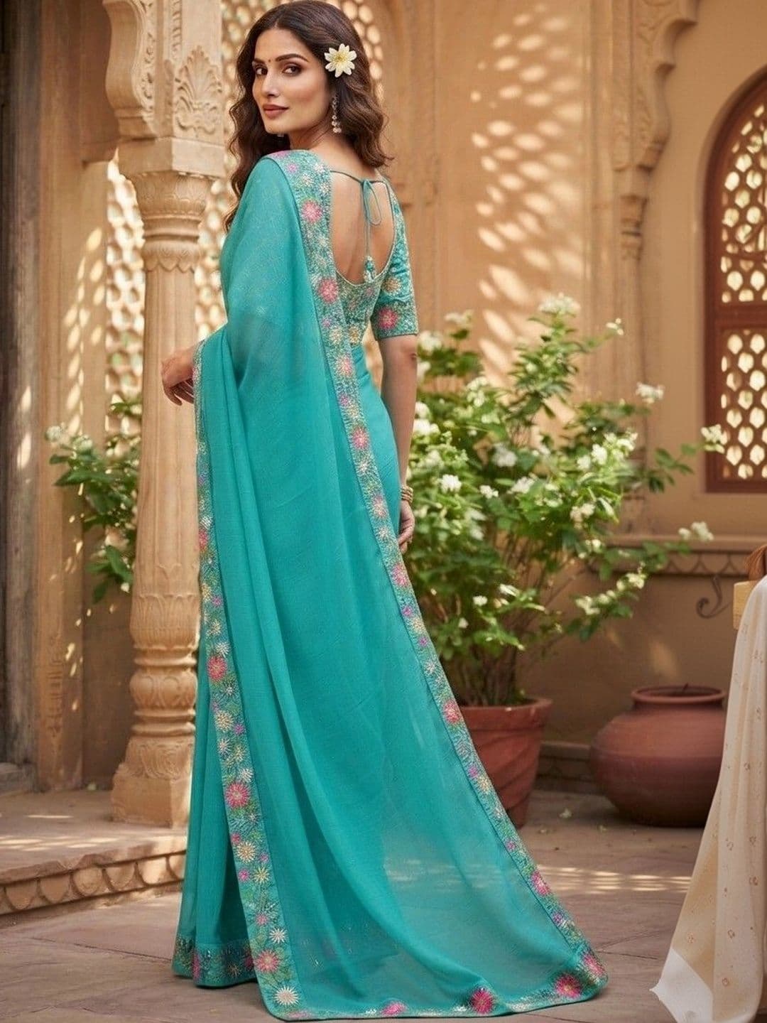SmileyFashion Floral Embroidered Art Silk Saree thumbnail 2