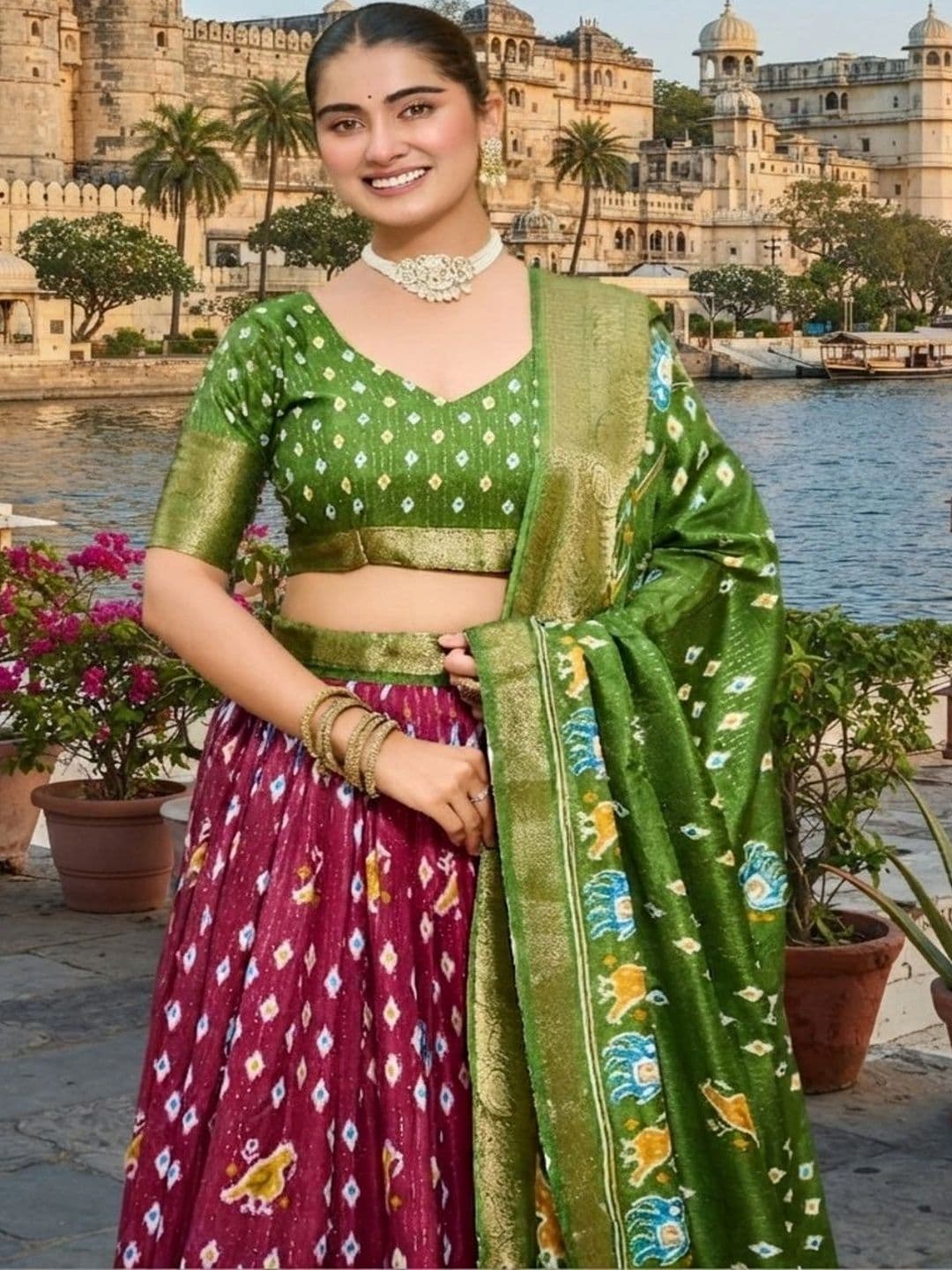 Anouk Ikat Semi-Stitched Lehenga & Unstitched Blouse With Dupatta thumbnail 4