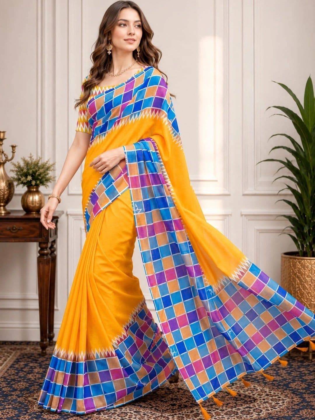 V3 FASHION STUDIO Checked Zari Linen Blend Handloom Block Print Saree thumbnail 7