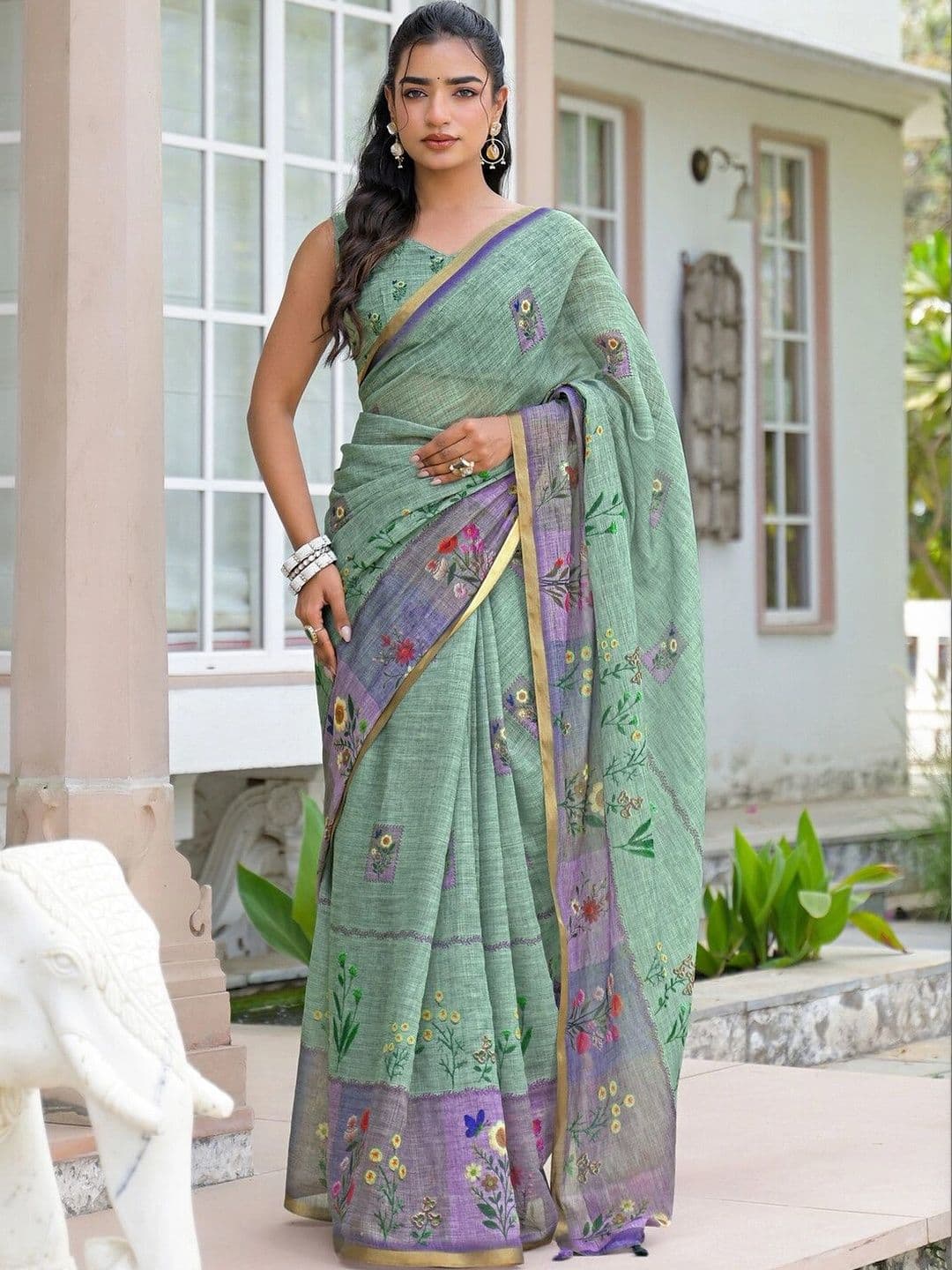KALINI Floral Embroidered Pure Linen Fusion Saree thumbnail 2