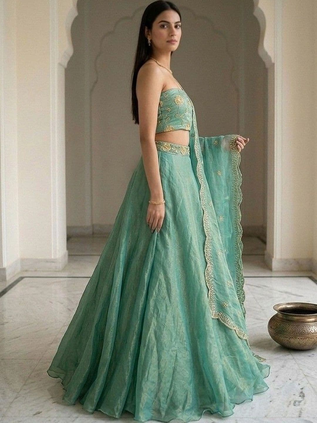 Warthy Ent Embroidered Sequinned Semi-Stitched Lehenga & Unstitched Blouse With Dupatta thumbnail 4