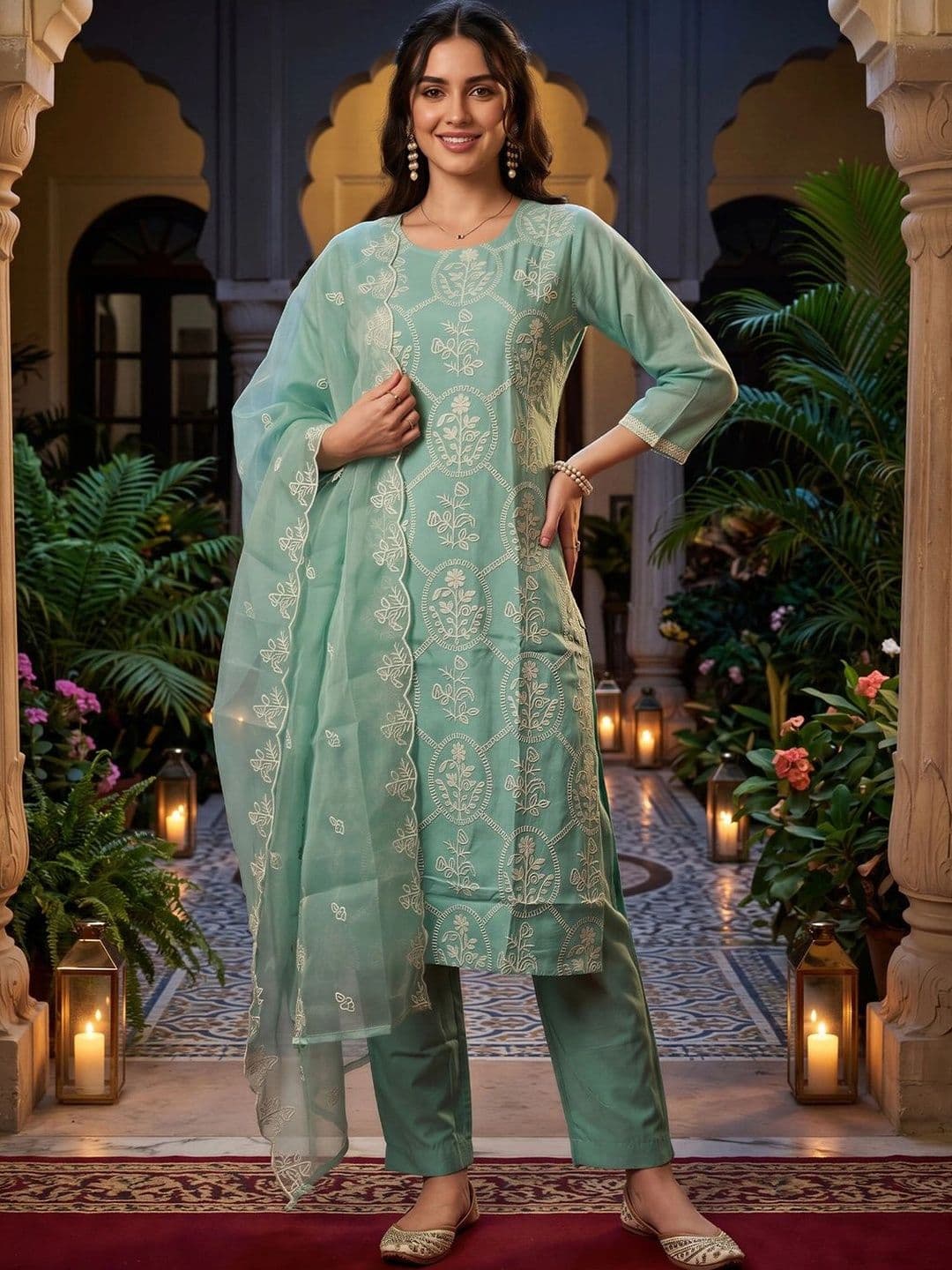 Indo Era Women Ethnic Motifs Embroidered Regular Thread Work Kurta with Trousers & With Dupatta thumbnail 2