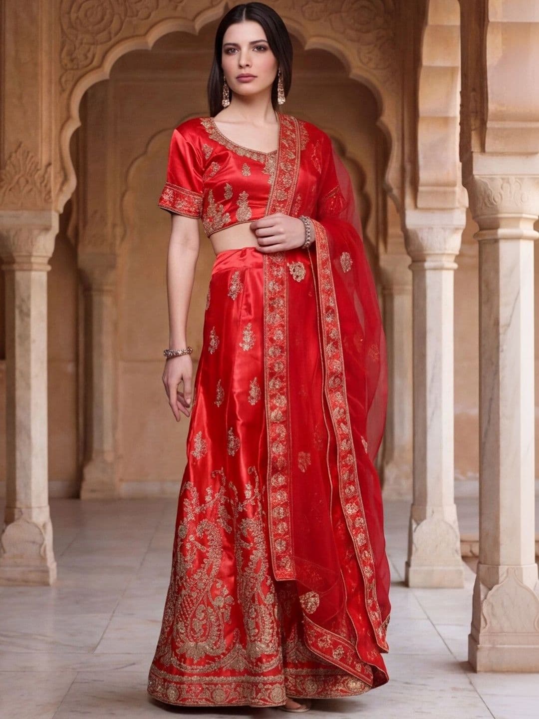 Mitera Embroidered Semi-Stitched Lehenga & Unstitched Blouse With Dupatta thumbnail 3