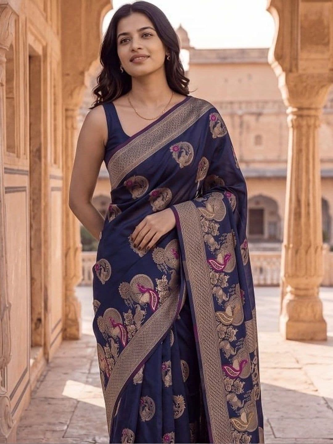 KALINI Woven Design Zari Silk Blend Banarasi Saree thumbnail 3