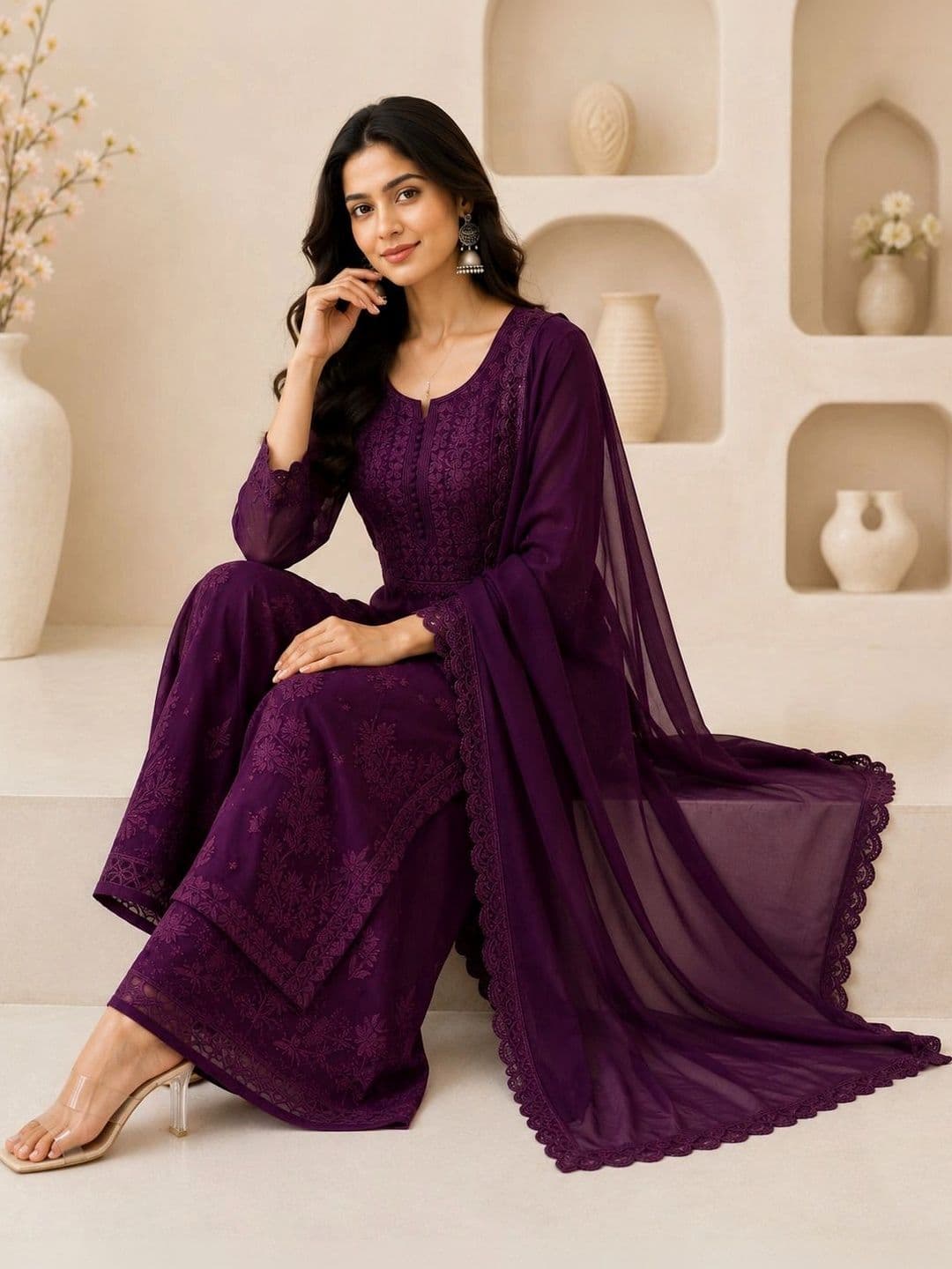Meghrika Ethnics Women Ethnic Motifs Embroidered Regular Thread Work Kurta with Palazzos & With Dupatta thumbnail 5