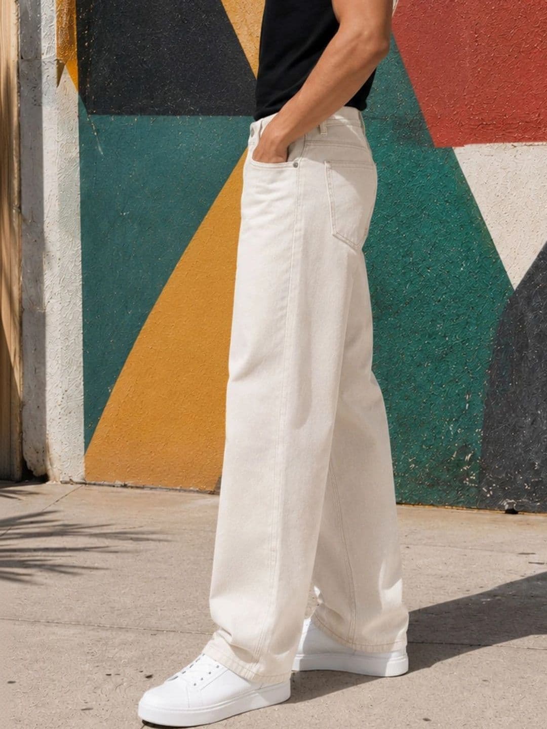 HERE&NOW Men's Off-White Solid Mid-Rise Wide-Leg Jeans thumbnail 2