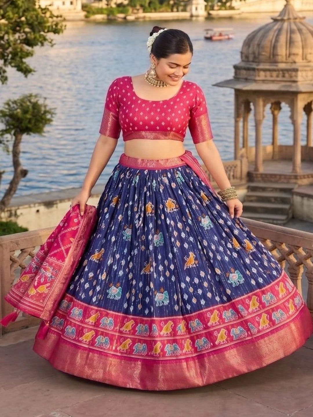 Anouk Ikat Semi-Stitched Lehenga & Unstitched Blouse With Dupatta thumbnail 5