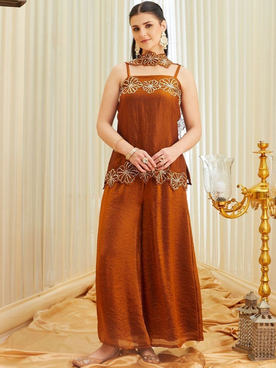 Colors  of Earth Colors of Earth Silk Embroidered Beadswork Short Kurti With Bell Bottom Pant With Dupatta thumbnail 4