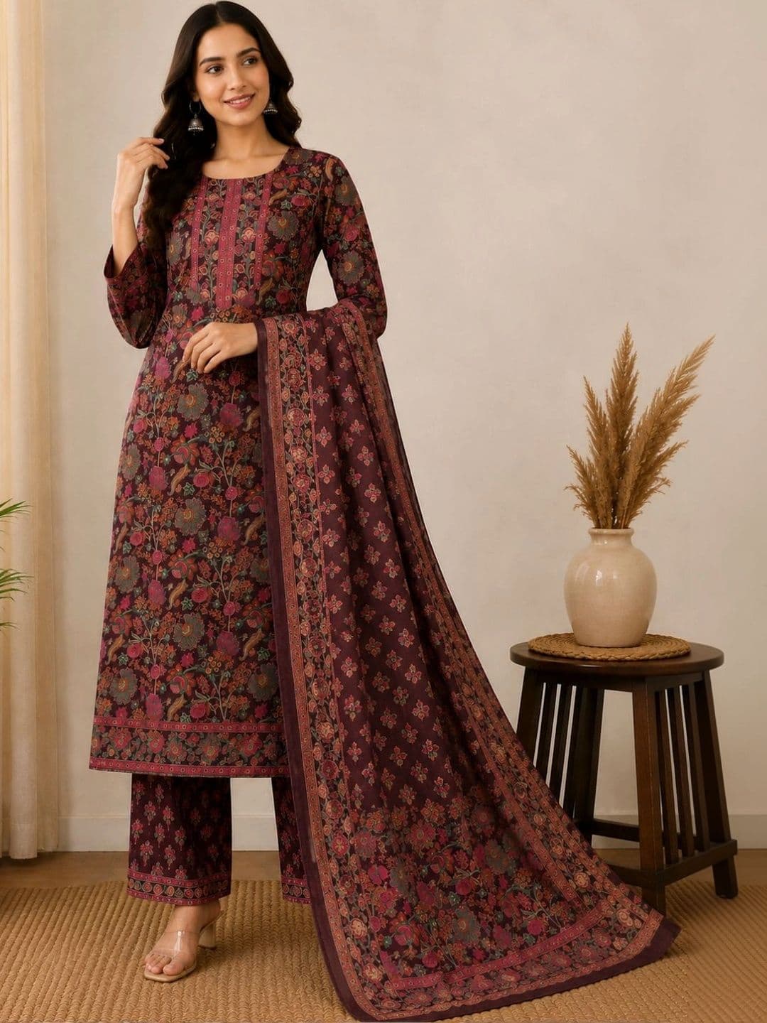 Sangria Women Ethnic Motifs Printed Regular Pure Cotton Kurta with Palazzos & With Dupatta - view 1