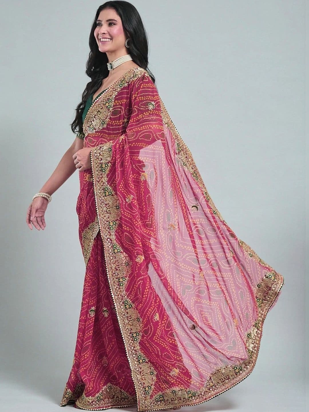 SAMANTHA Women Bandhani Embroidered Poly Georgette Bandhani Saree thumbnail 3