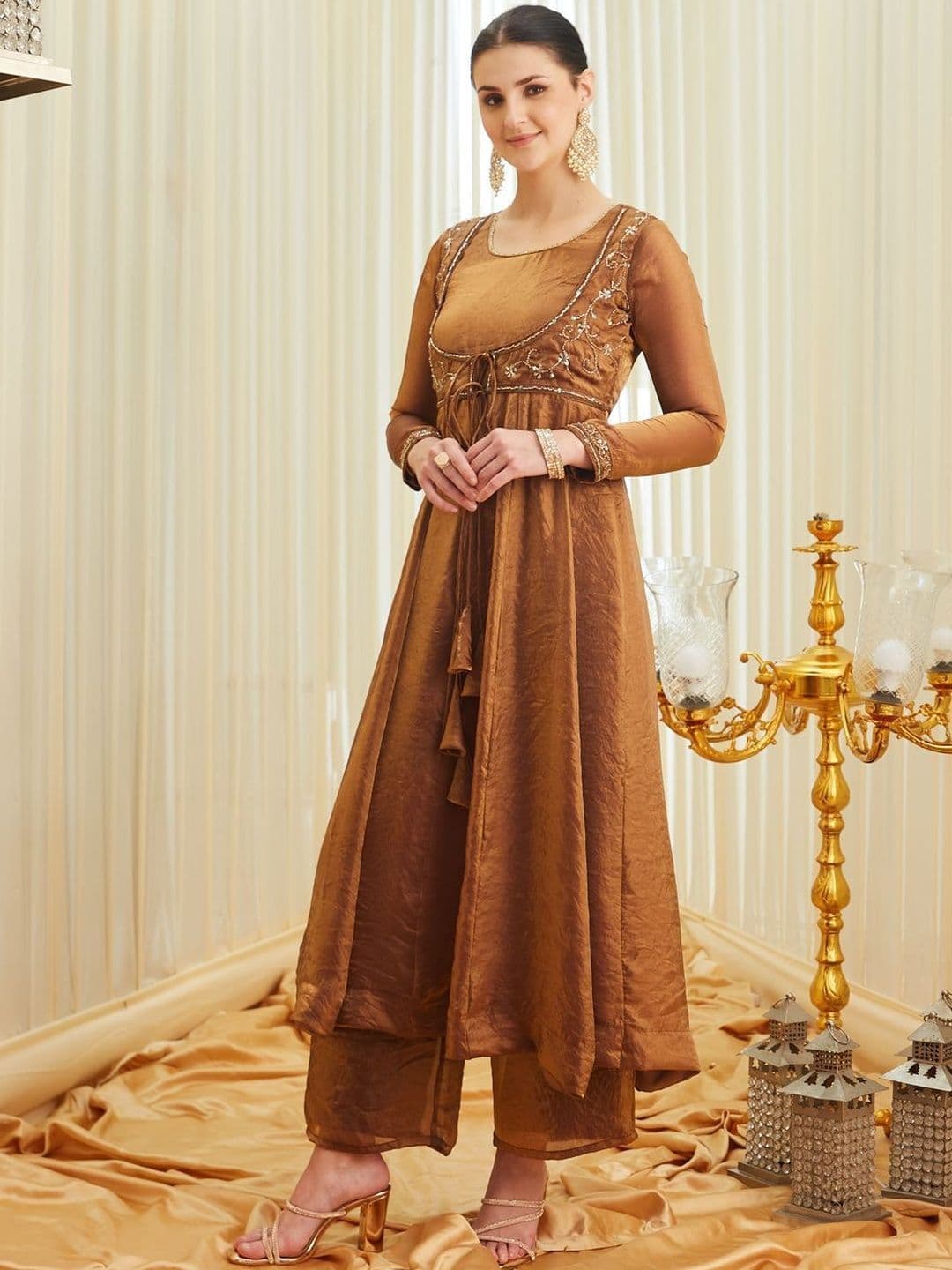 Colors  of Earth Colors of Earth Silk Embroidered Beadswork Anarkali Kurta Palazzo Set With Dupatta thumbnail 5